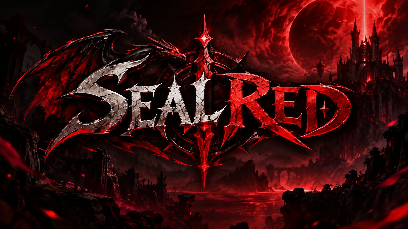 โลโก้ seal-red บนท้องฟ้าจันทราสีแดงเหนือปราสาท